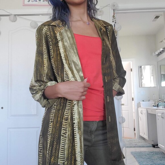 vintage! silky earthy tribal print long button down - Picture 2 of 5